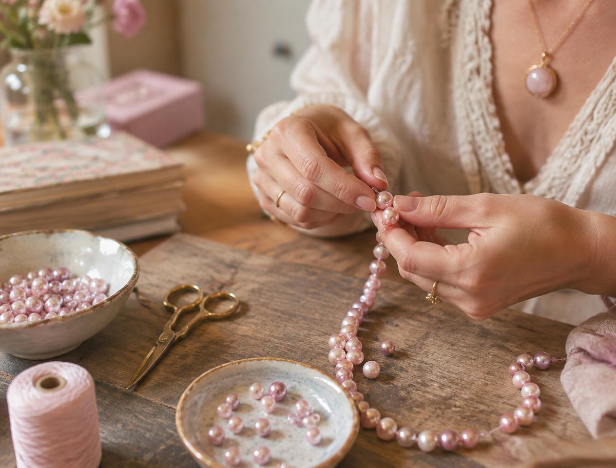 Manon enfilant des perles dans son atelier à Puiseux